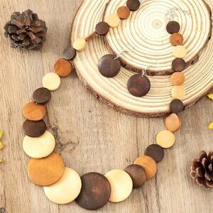Necklace & Earrings 3pc Set Natural Wood Circle Boho Style Casual Trendy Fashion